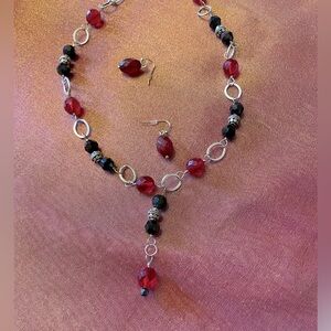 HANDMADE Gothic inspired Red\Black Necklace and Earrings Set in silvertone  EUC